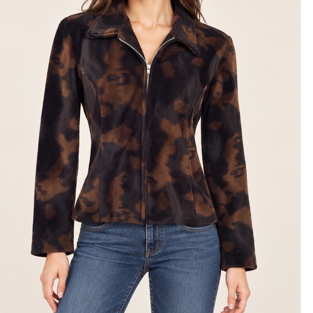 David Paul New York Vintage Brown Black Animal Print Zip Up Velour Jacket Medium